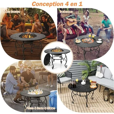 GOPLUS Brasero De Jardin En Fer, ? 90 CM, Avec Filet De Protection, Bac à Feu Multifonctionnel Avec Poker Et Filet De Barbecue, Table De Foyer Avec Patins Réglables, Pour Terrasse, Jardin, Balcon 7 GOPLUS Brasero De Jardin En Fer, ? 90 CM, Avec Filet De Protection, Bac à Feu Multifonctionnel Avec Poker Et Filet De Barbecue, Table De Foyer Avec Patins Réglables, Pour Terrasse, Jardin, Balcon – Image 5