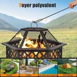 GOPLUS Brasero De Jardin Hexagonal En Fer,Brasero En Maille Et Couvercle Pare-étincelles Avec Tisonnier Long, Polyvalent Pour Chauffage Et Barbecue 66,5 X 57,5 X 66cm -Chauffage d'extérieur Soldes 66861463 4