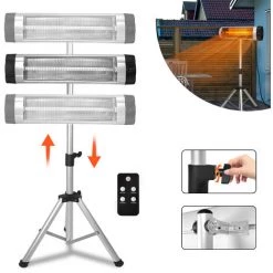 Froadp 2500W Chauffage Infrarouge Électrique Avec Télécommande, Chauffage De Terrasse Rayonnant IR Avec Support Télescopique, Chauffage Extérieur, Radiant Radiateur Avec 3 Niveaux De Chauffage