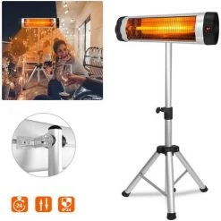 UISEBRT Chauffage Extérieur Infrarouge 2500W Chauffage Radiant Infrarouge, Chauffage De Terrasse Et 3 Niveaux Réglables Avec Pied, Télécommande, Hauteur Réglable, Noir