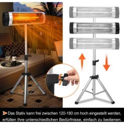 UISEBRT Chauffage Extérieur Infrarouge 2500W Chauffage Radiant Infrarouge, Chauffage De Terrasse Et 3 Niveaux Réglables Avec Pied, Télécommande, Hauteur Réglable, Noir -Chauffage d'extérieur Soldes 67839490 5