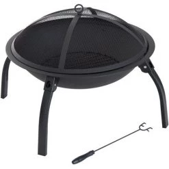 Outsunny Brasero Boule De Feu Cheminée Foyer Extérieur 71L X 71l X 40H Cm Pieds Rétractables Grille à Charbon Couvercle Tisonnier Métal Noir - Noir