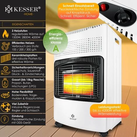 KESSER® Chauffage à Gaz En Céramique 4 200 watts Avec Régulateur De Pression, Tuyau De Gaz | Cheminée Au Gaz | Appareil De Chauffage à Gaz | Brûleur Céramique Infrarouge | Puissance Thermique, Bouteilles De Butane Ou De Propane Jusqu’à 15kg, Blanche 4 KESSER® Chauffage à Gaz En Céramique 4 200 watts Avec Régulateur De Pression, Tuyau De Gaz | Cheminée Au Gaz | Appareil De Chauffage à Gaz | Brûleur Céramique Infrarouge | Puissance Thermique, Bouteilles De Butane Ou De Propane Jusqu’à 15kg, Blanche – Image 2